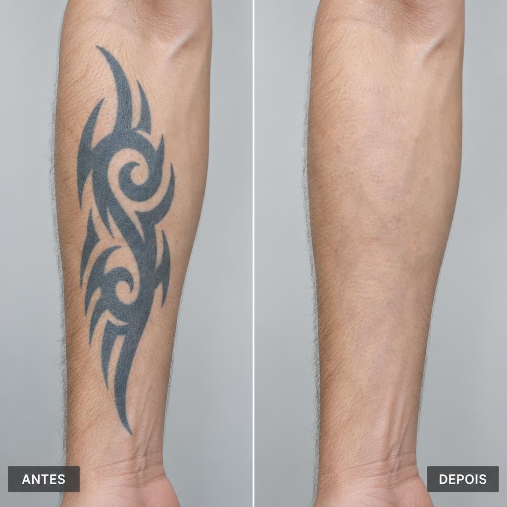 Antes e depois de sessões de remoção de tatuagem a laser no antebraço
