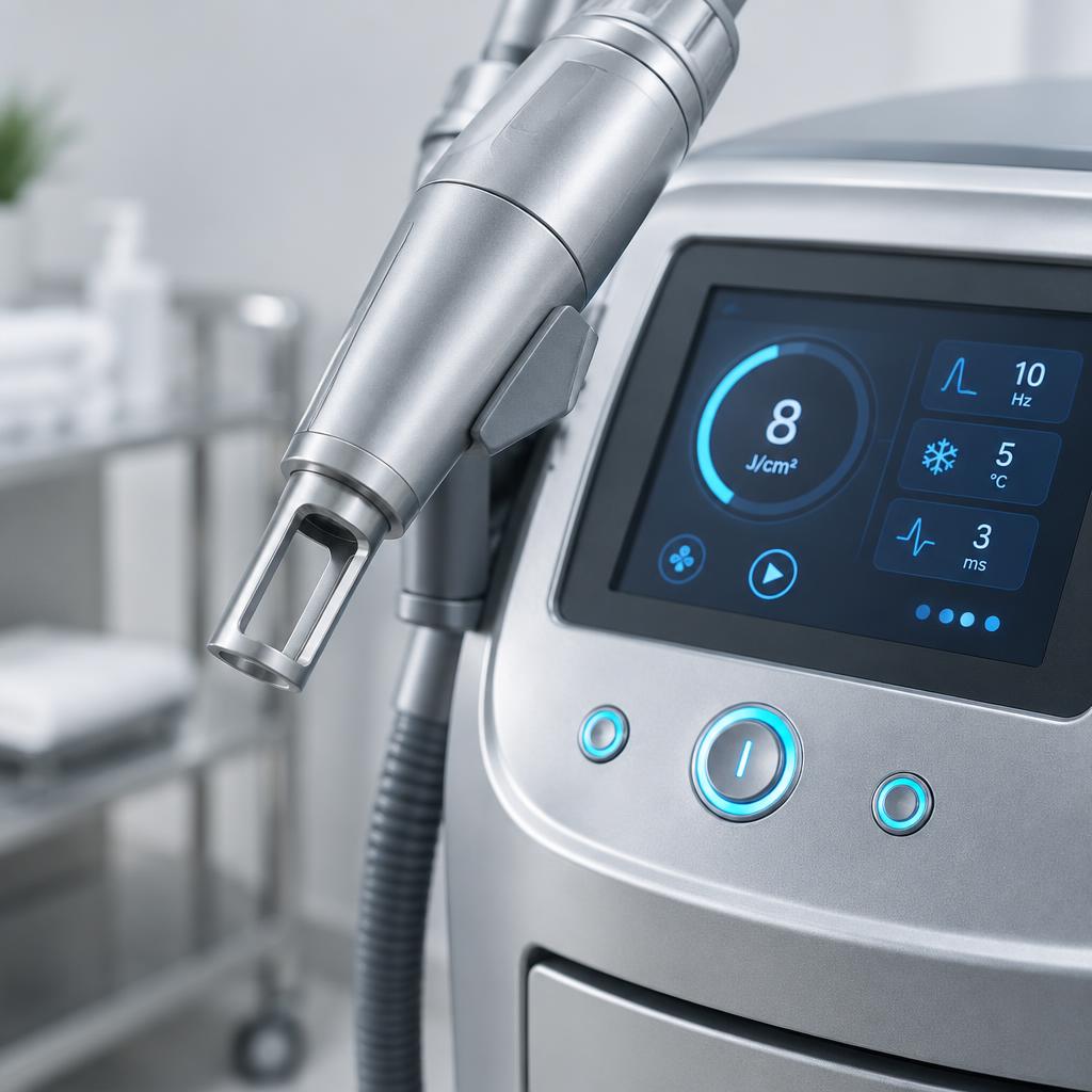 Detalhe da caneta aplicadora e painel digital da máquina de laser